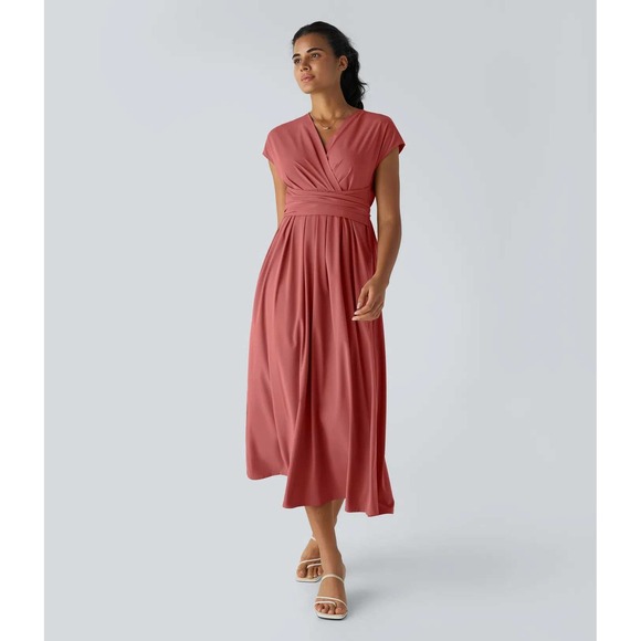 HALARA Dresses & Skirts - NEW Breezeful V-Neck Short Sleeve Pocket Tie Quick Dry Midi Dress Pink Mediium